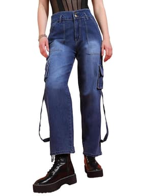 Glossia Fashion Women Cargo Jeans | High Waist Stretchable Wide Leg Straight Fit Denim| Boyfriend Jeans for Women - Denim Blue, 36