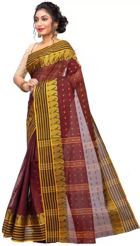 GitAsit Self Design, Woven Tant Pure Cotton Saree (Brown)
