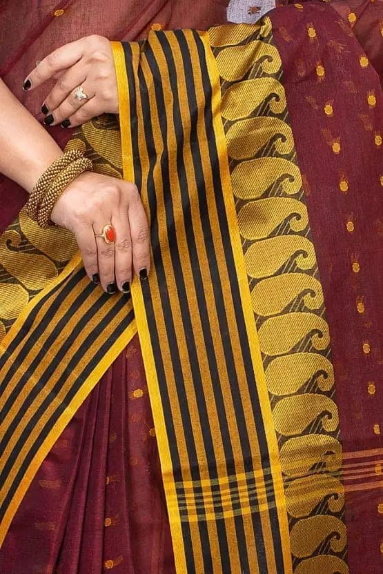GitAsit Self Design, Woven Tant Pure Cotton Saree (Brown) view 4