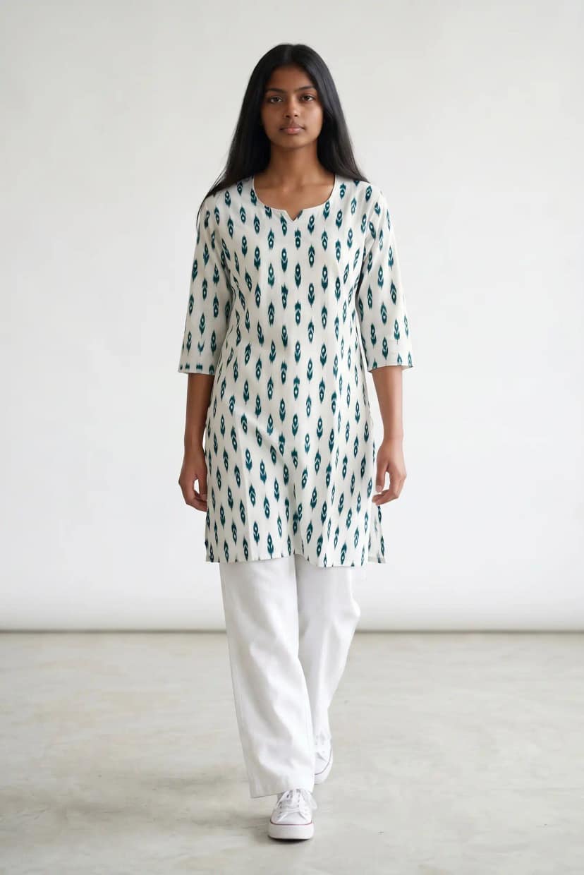 Handwoven Sambalpuri Cotton Kurti with Bandhakala Tie-Dye, White and Teal
