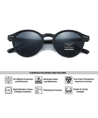 Flikertag Polarized Sunglasses With UV Protection For Men & Women | HD vision with Grey Lens [FTS 565 F1 Round Matte Black Frame with Smoke lens, 50mm]