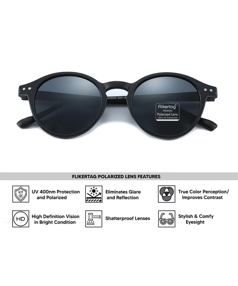 Flikertag Polarized Sunglasses With UV Protection For Men & Women | HD vision with Grey Lens [FTS 565 F1 Round Matte Black Frame with Smoke lens, 50mm]