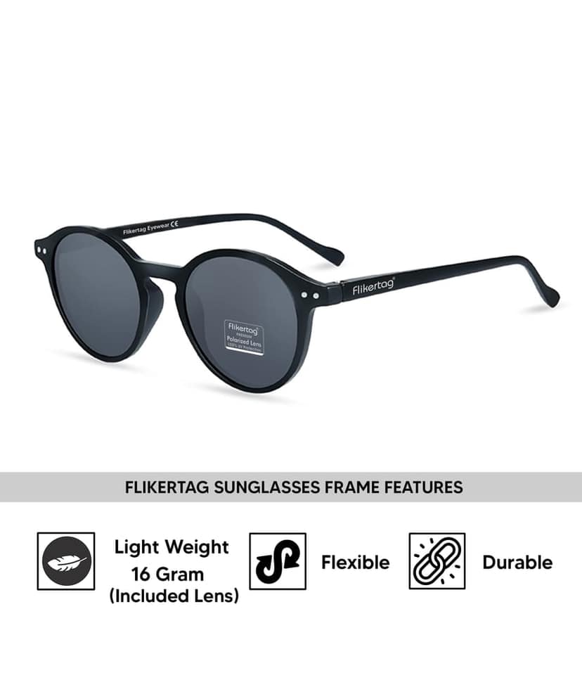 Flikertag Polarized Sunglasses With UV Protection For Men & Women | HD vision with Grey Lens [FTS 565 F1 Round Matte Black Frame with Smoke lens, 50mm] view 2