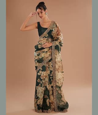BLEESBURY Organza Printed Saree With Unstitched Blouse Piece ( Green )