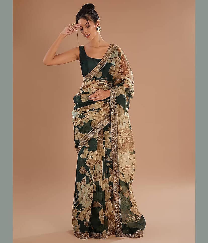 BLEESBURY Organza Printed Saree With Unstitched Blouse Piece ( Green )