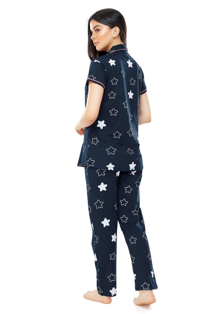 ZEYO Women's Cotton Navy Blue & Green Star Printed Stylish Night suit set view 3