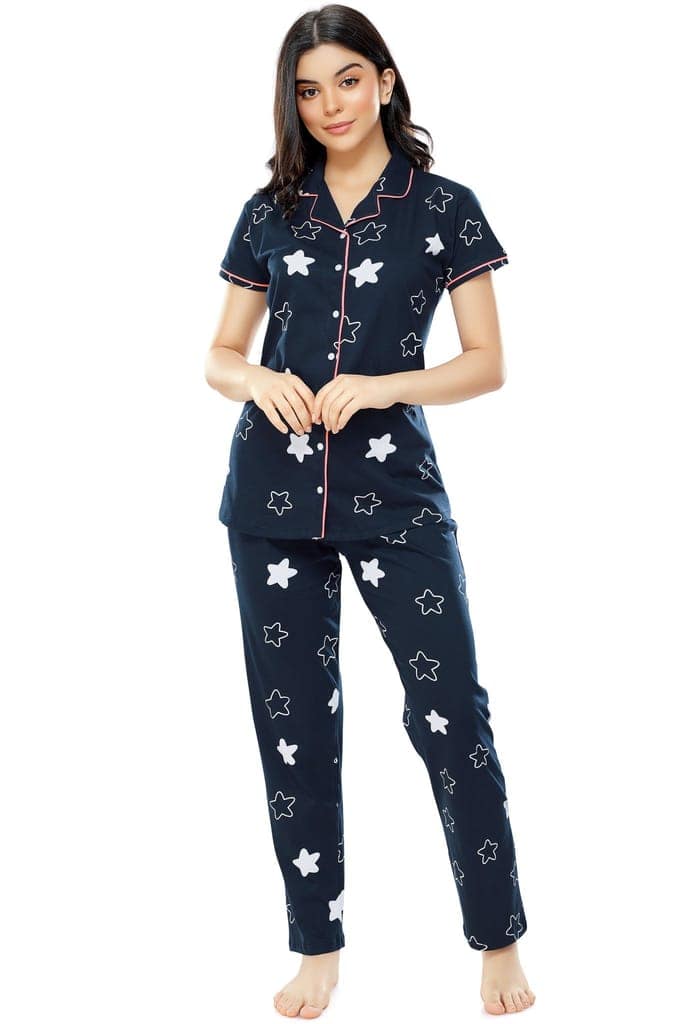 ZEYO Women's Cotton Navy Blue & Green Star Printed Stylish Night suit set view 5