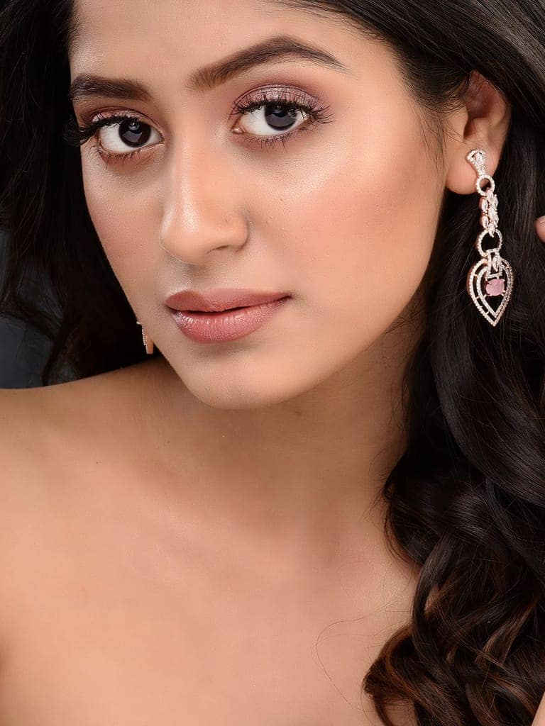 Rosegold Plated Pink AD studded Drop Earrings view 3