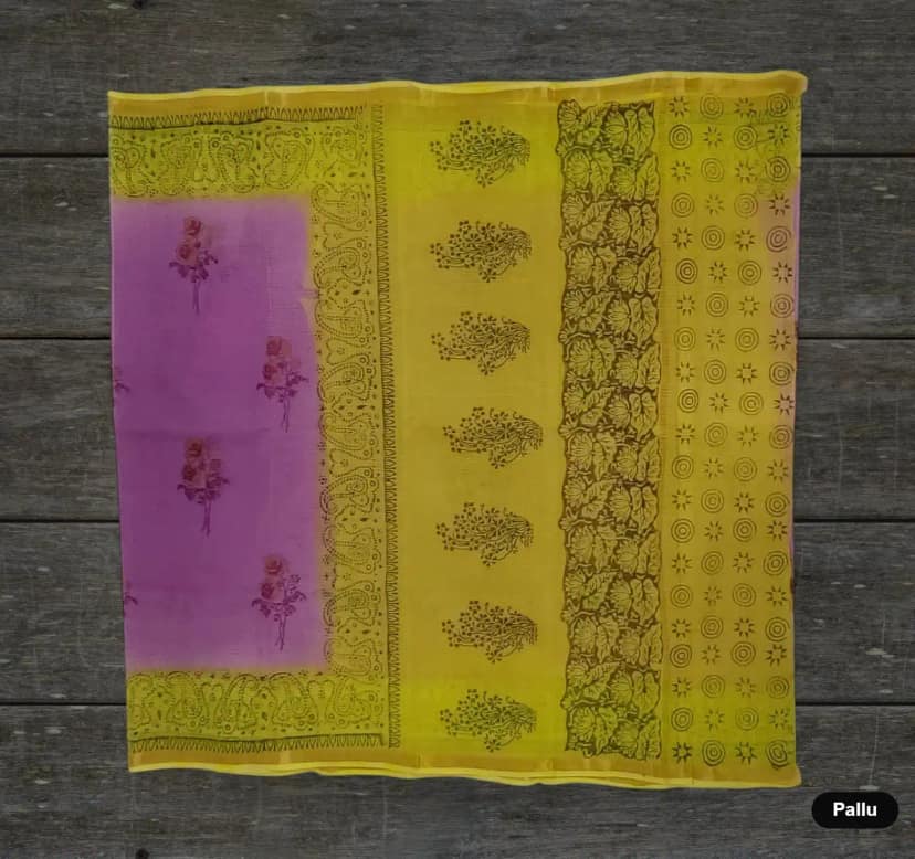 Kota Doria Cotton-Silk Saree, Block Print with Bright Yellow Border view 4