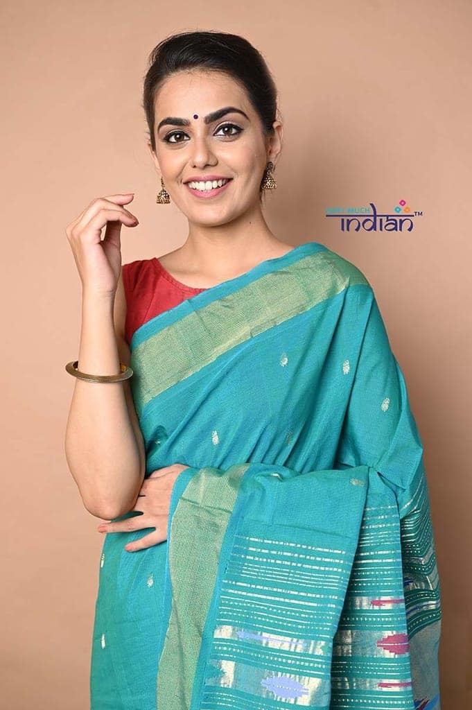 Cotton Handloom Paithani - Sea Green Colour with Golden Zari Border with Traditional Double Pallu view 2