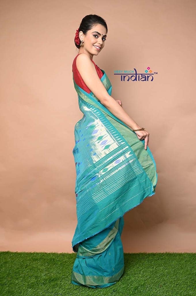 Cotton Handloom Paithani - Sea Green Colour with Golden Zari Border with Traditional Double Pallu view 4
