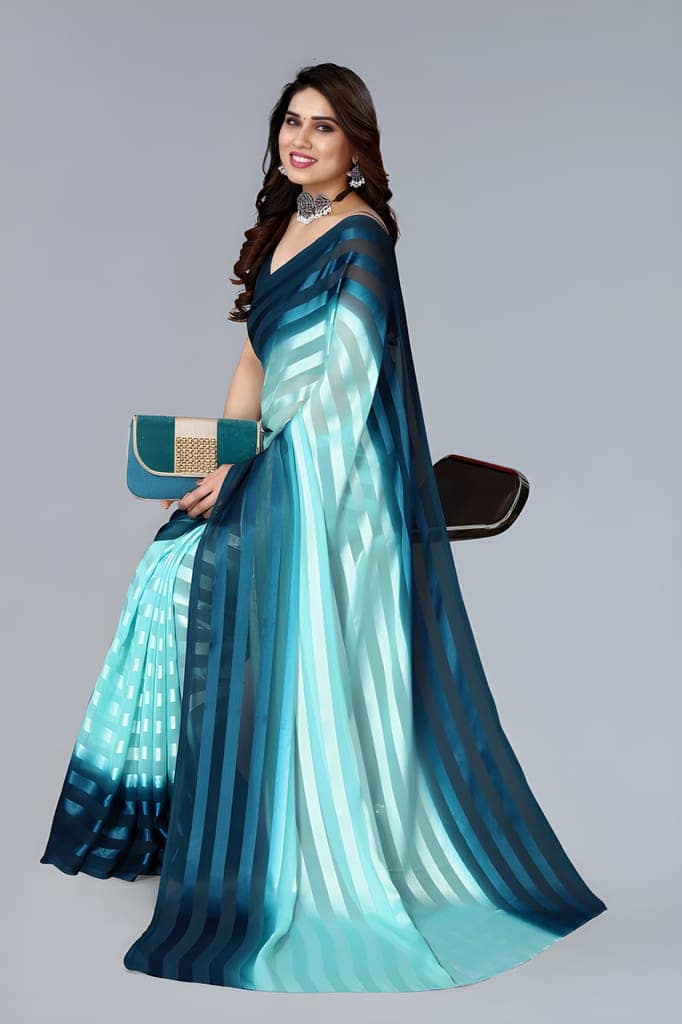 Women's Sky Blue & Navy Blue Organza Striped Saree with Unstitched Blouse Piece | Lightweight Designer Party Wear, Festive & Wedding Saree view 3