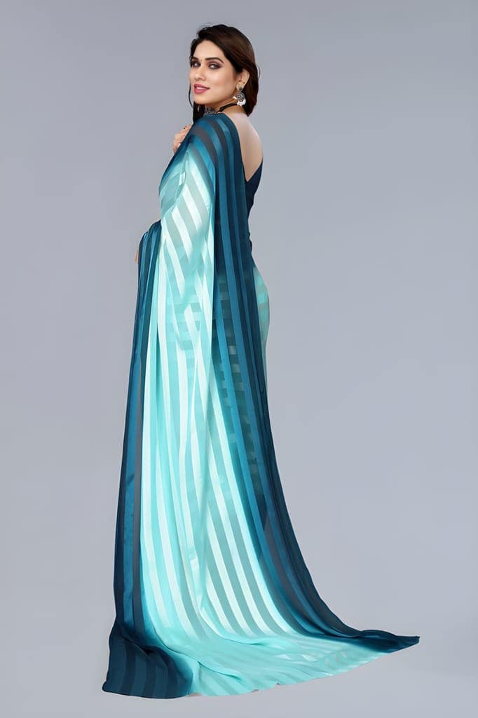 Women's Sky Blue & Navy Blue Organza Striped Saree with Unstitched Blouse Piece | Lightweight Designer Party Wear, Festive & Wedding Saree view 4