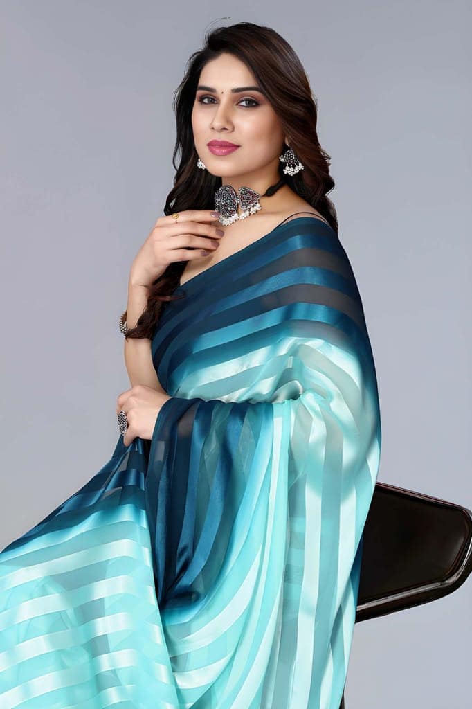 Women's Sky Blue & Navy Blue Organza Striped Saree with Unstitched Blouse Piece | Lightweight Designer Party Wear, Festive & Wedding Saree view 5