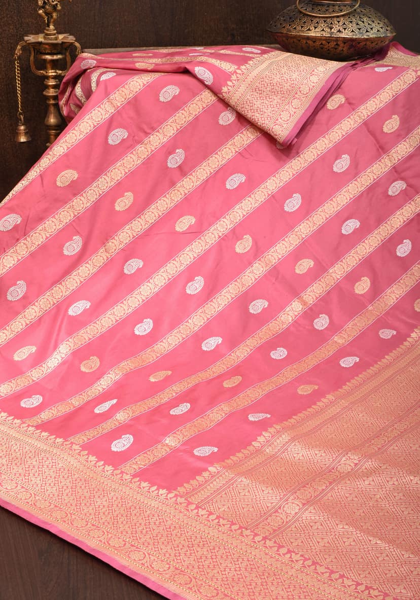 Kadhuwa Weave Carnation Pink Pure Silk Saree with Zari stripes and Sona Rupa Paisley Buttas | SILK MARK CERTIFIED view 2
