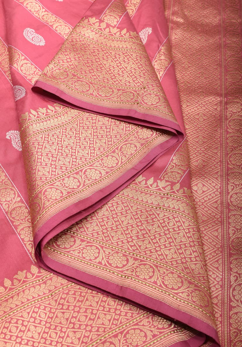 Kadhuwa Weave Carnation Pink Pure Silk Saree with Zari stripes and Sona Rupa Paisley Buttas | SILK MARK CERTIFIED view 3