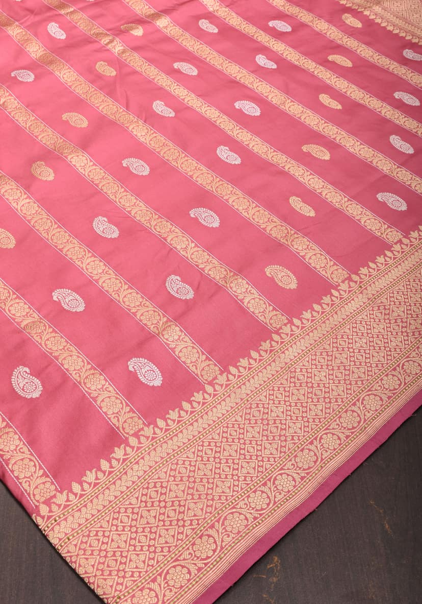 Kadhuwa Weave Carnation Pink Pure Silk Saree with Zari stripes and Sona Rupa Paisley Buttas | SILK MARK CERTIFIED view 4