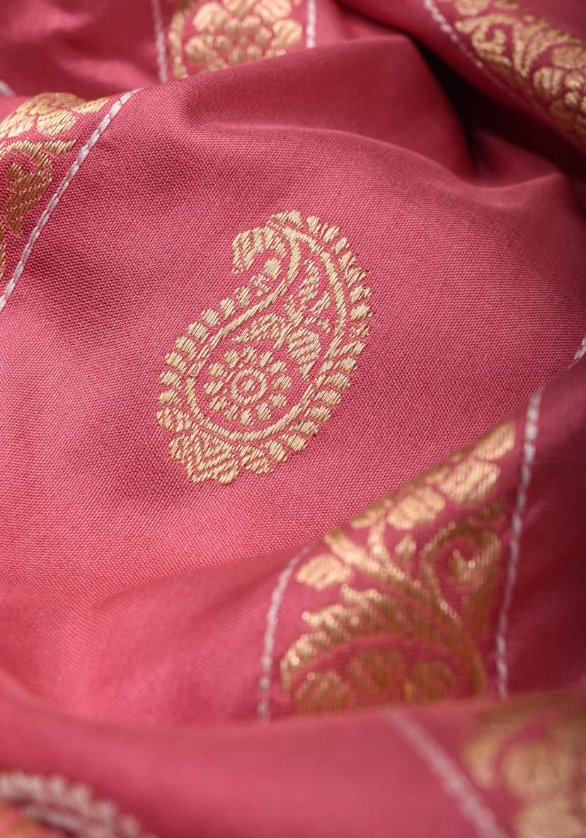 Kadhuwa Weave Carnation Pink Pure Silk Saree with Zari stripes and Sona Rupa Paisley Buttas | SILK MARK CERTIFIED view 5