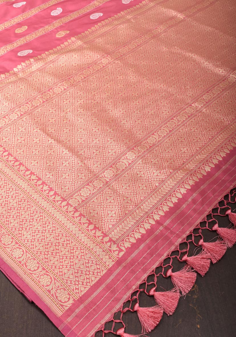 Kadhuwa Weave Carnation Pink Pure Silk Saree with Zari stripes and Sona Rupa Paisley Buttas | SILK MARK CERTIFIED view 6