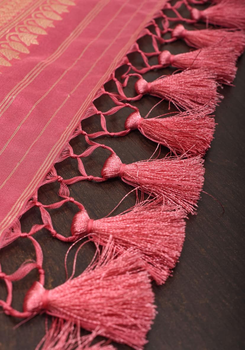 Kadhuwa Weave Carnation Pink Pure Silk Saree with Zari stripes and Sona Rupa Paisley Buttas | SILK MARK CERTIFIED view 7