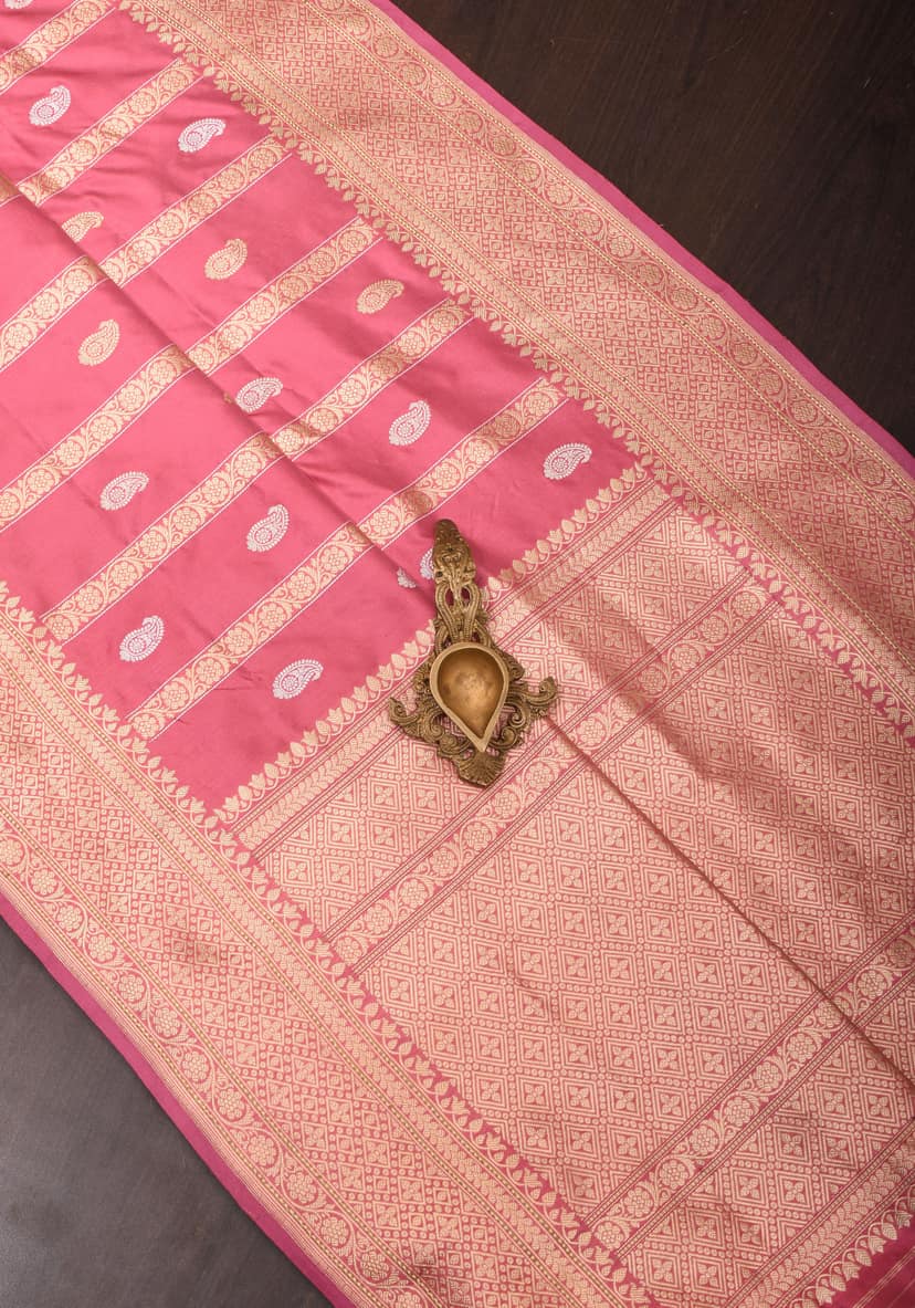 Kadhuwa Weave Carnation Pink Pure Silk Saree with Zari stripes and Sona Rupa Paisley Buttas | SILK MARK CERTIFIED view 9
