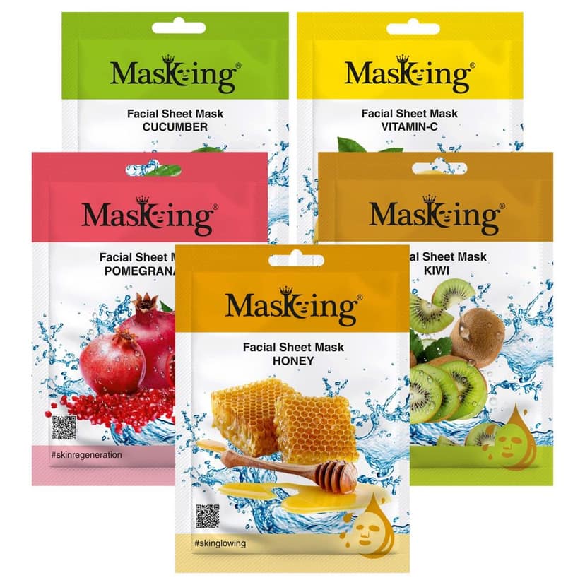 MasKing Beauty Facial Sheet Mask Cucumber, Lemon, Pomegranate, Kiwi & Honey for Skin Calming, Brightening, Regeneration, Lightening & Glowing for Women & Men, 100ml (Combo Of 5)