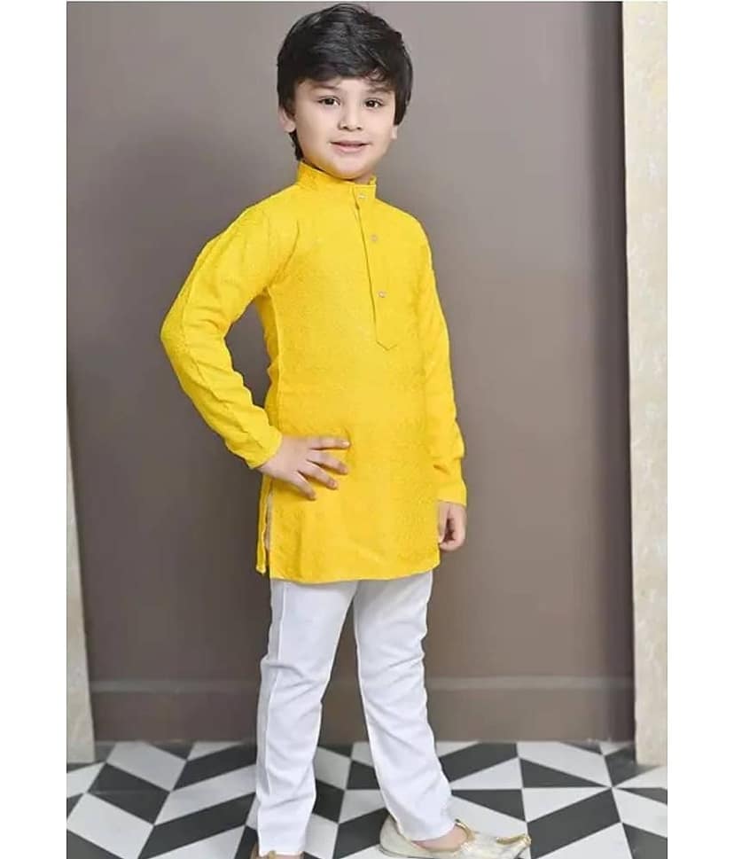 IMON BASID Boys Cotton Blend Solid - Pattern Kurta Pyjama Set ( Yellow , Pack of 1 )