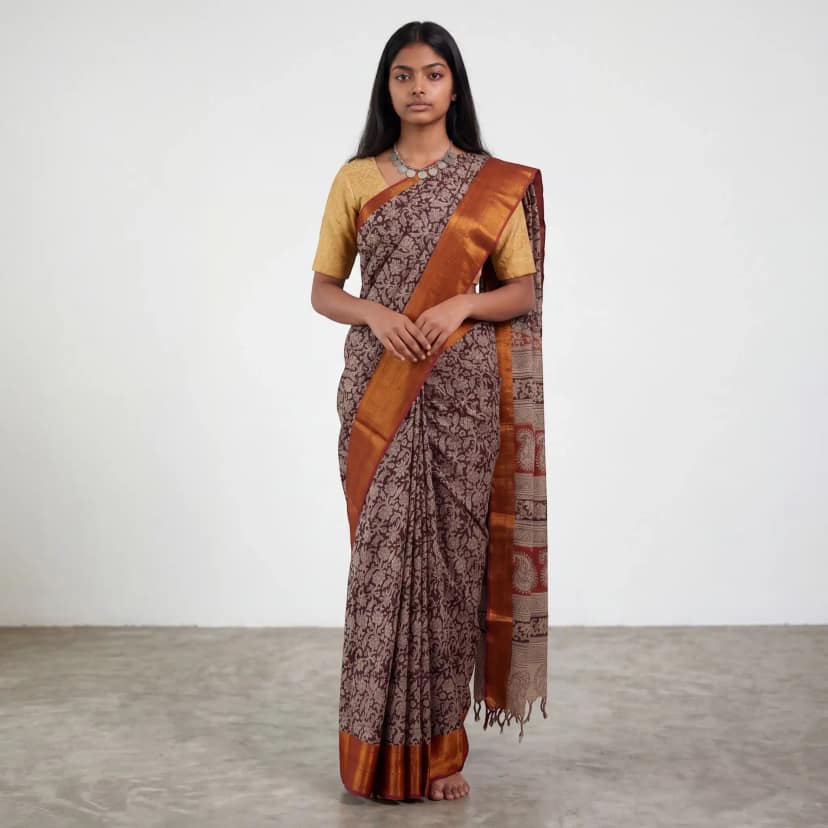 Chocolate Brown Pedana Kalamkari Block-Print Semi Pattu Saree with Blouse