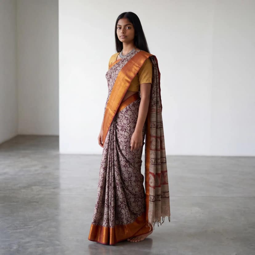Chocolate Brown Pedana Kalamkari Block-Print Semi Pattu Saree with Blouse view 2