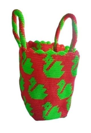 Red and Green Handknitted Swan Print Bag