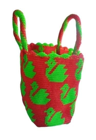 Red and Green Handknitted Swan Print Bag