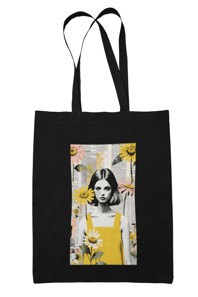 Prakrut India Black Canvas Tote Bag with Zipper and Inner Pocket, Vintage Collage Art Print