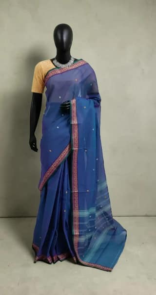 Handwoven Kanchipuram Cotton-Silk Saree in Deep Blue with Golden Border