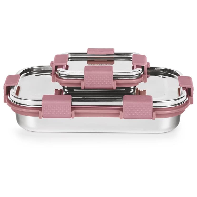 Borosil Stainless Steel Slim Lunch Box | 700 ml + 125 ml Container Set | Airtight, Leakproof, Dishwasher Safe | Portable Kids Tiffin | 1 Year Warranty | Pink