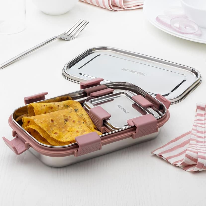 Borosil Stainless Steel Slim Lunch Box | 700 ml + 125 ml Container Set | Airtight, Leakproof, Dishwasher Safe | Portable Kids Tiffin | 1 Year Warranty | Pink view 2