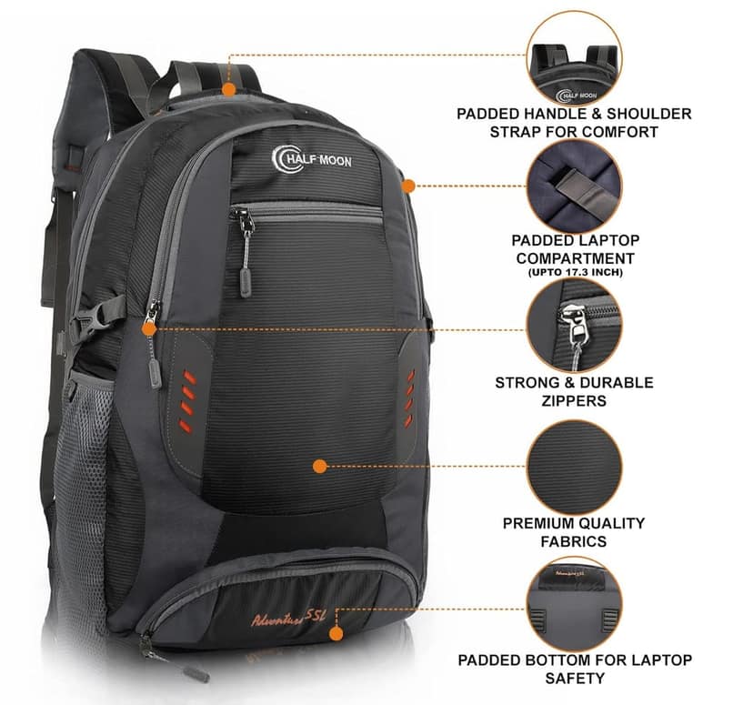 Extra Large Size 55L Rucksack Bag/Trekking Bags for Men, Black | With Laptop Compartment | For Luggage Pack Tracking Hiking Travel Backpack for Man & Women view 2