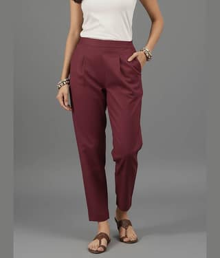 QuaClo Women Cotton Blend Casual Trousers ( Wine )