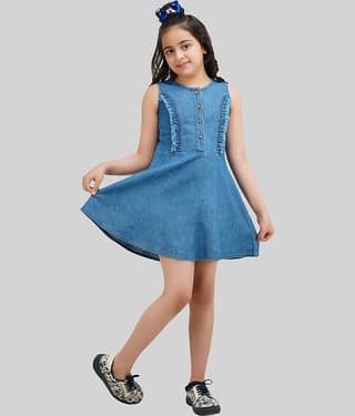 Being Naughty Denim Fit And Flare Dress For Girls ( Pack of 1 , Blue )