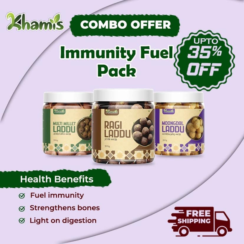 Khamis Millet Laddu Combo Offer – Moong Dal, Multi Millet & Ragi – 3-in-1 High Protein, Jaggery Sweets – 100% Natural, No Sugar – Rice Bran Oil –Khamis Healthy Foods--600g (pack of 4)