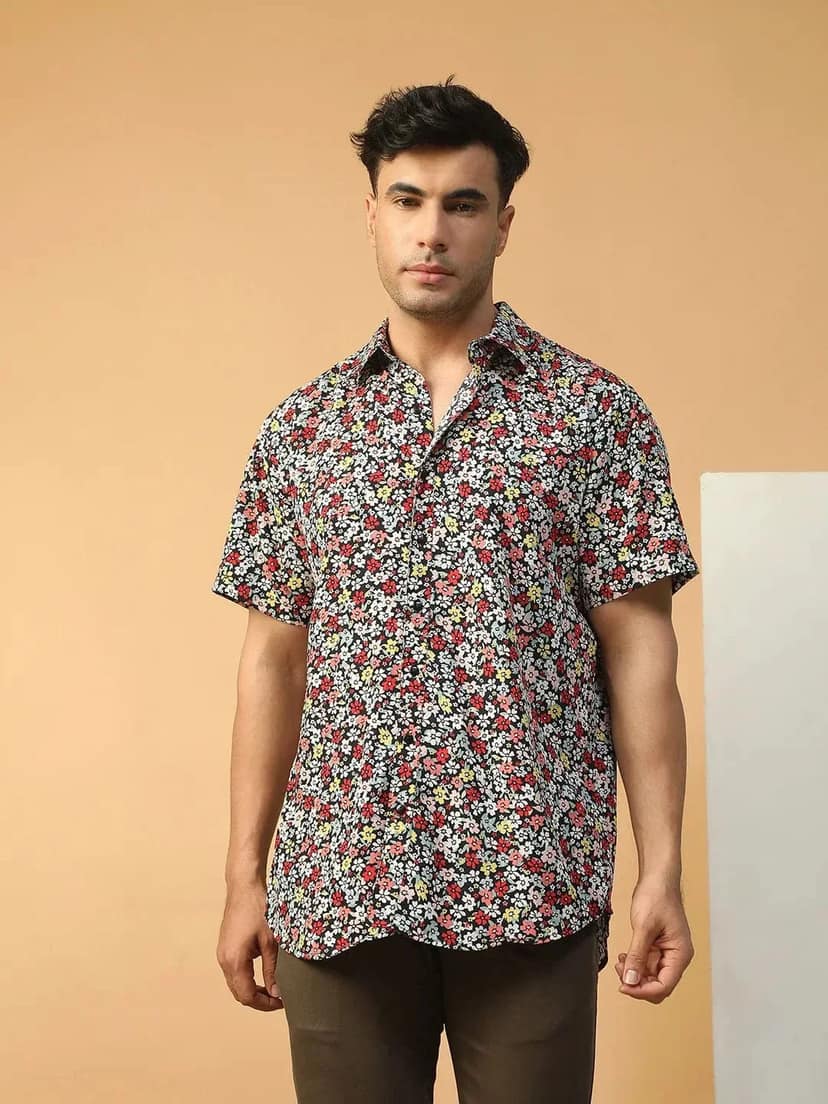 Freak Floral Print Multicolor Collared Short Sleeve Men Oversized Shirt