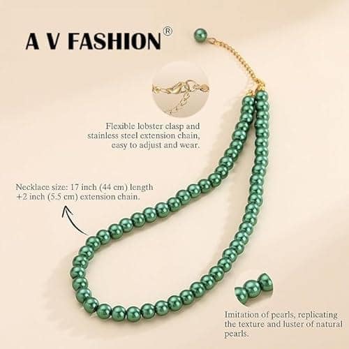 A V FASHION - Pearl Necklace For Girl and Women Green Pearl Necklaces for Women, 8MM Beaded Choker Necklace 1 Layer Beaded Mala Fashion Jewellery view 3