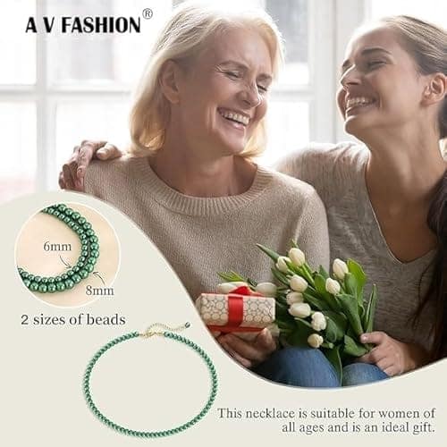 A V FASHION - Pearl Necklace For Girl and Women Green Pearl Necklaces for Women, 8MM Beaded Choker Necklace 1 Layer Beaded Mala Fashion Jewellery view 4