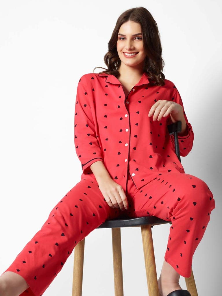 Zeyo Women Green Heart print Stylish Night suit set