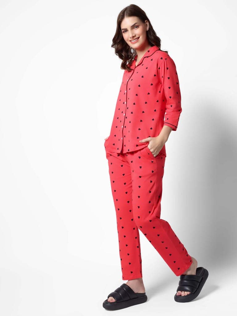 Zeyo Women Green Heart print Stylish Night suit set view 3
