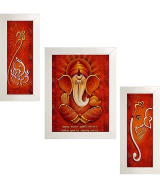 Indianara Lord Ganesha Set of 3 Wood Painting With Frame