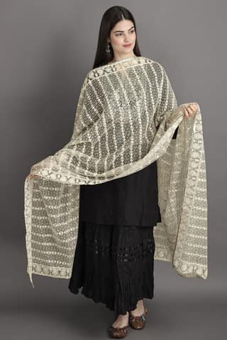 Pastel-Yellow Heavy Embroidered Net Dupatta With Paisley