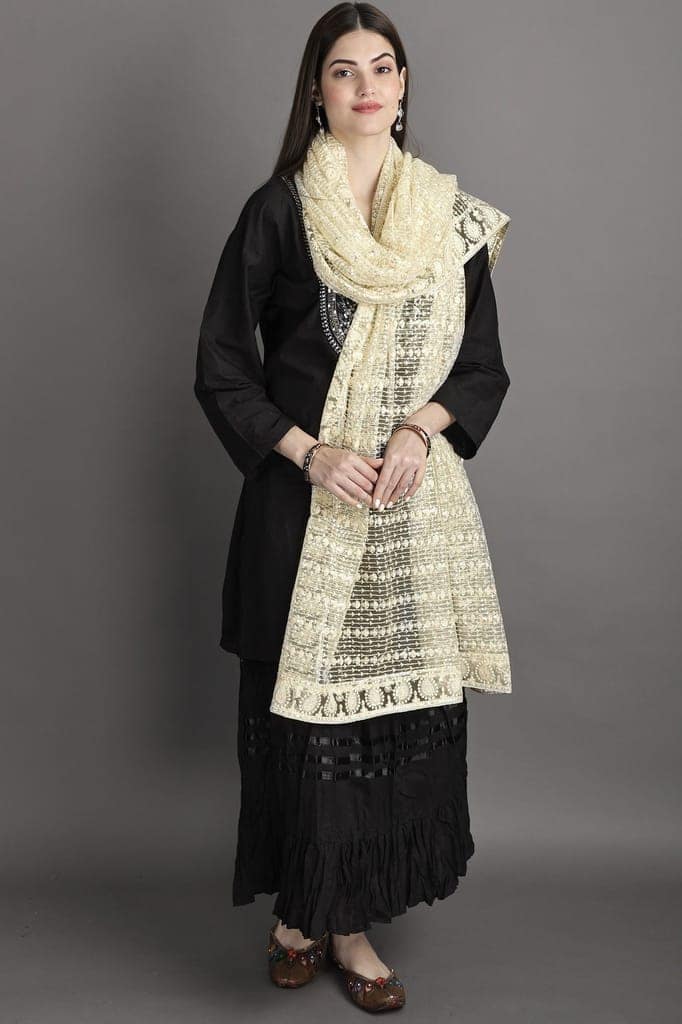 Pastel-Yellow Heavy Embroidered Net Dupatta With Paisley view 2