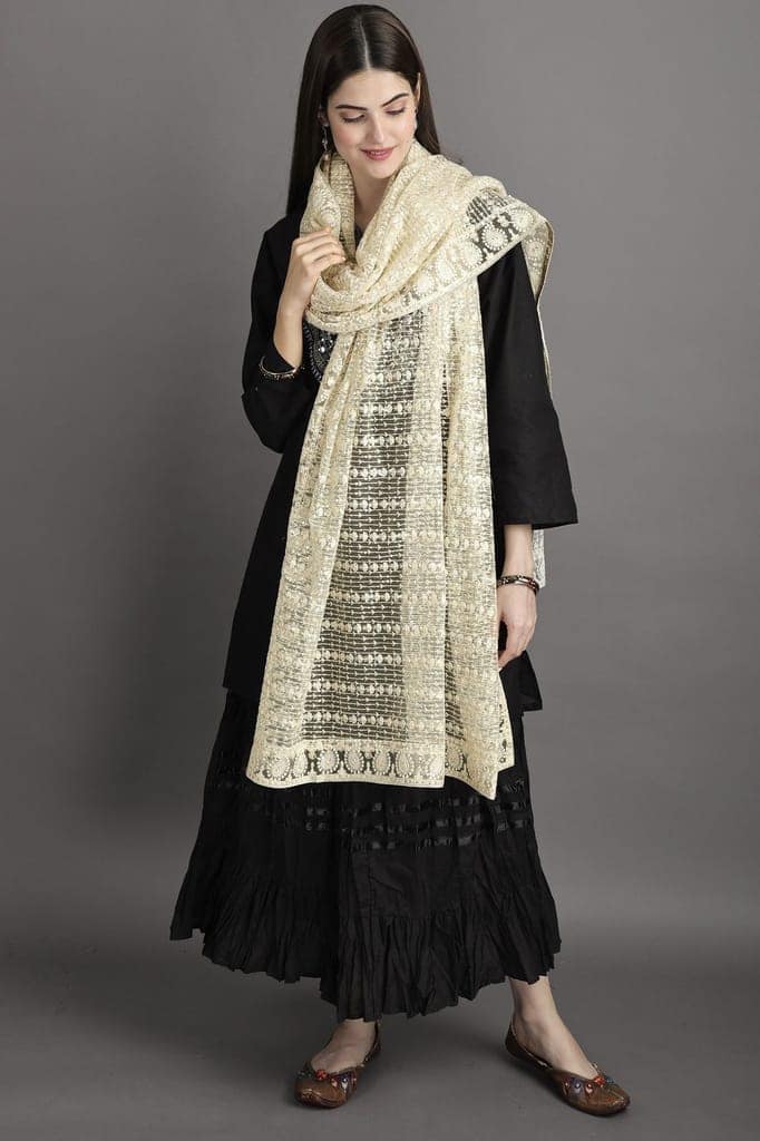 Pastel-Yellow Heavy Embroidered Net Dupatta With Paisley view 3
