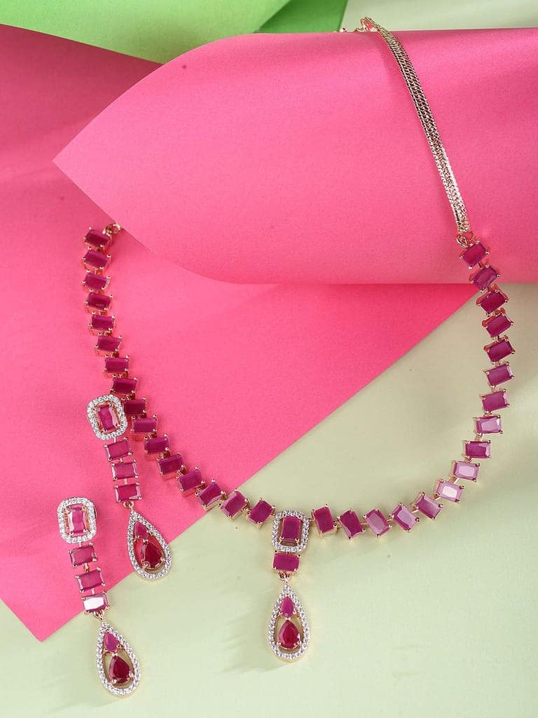Rose Gold Toned Ruby Pink AD Studded Minimal Necklace Jewellery Set view 2
