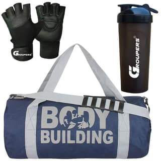GROUPERS Duffle Canvas Bag with Shaker Bottle-700ml & GloveslDuffle Bags Travel (Blue)